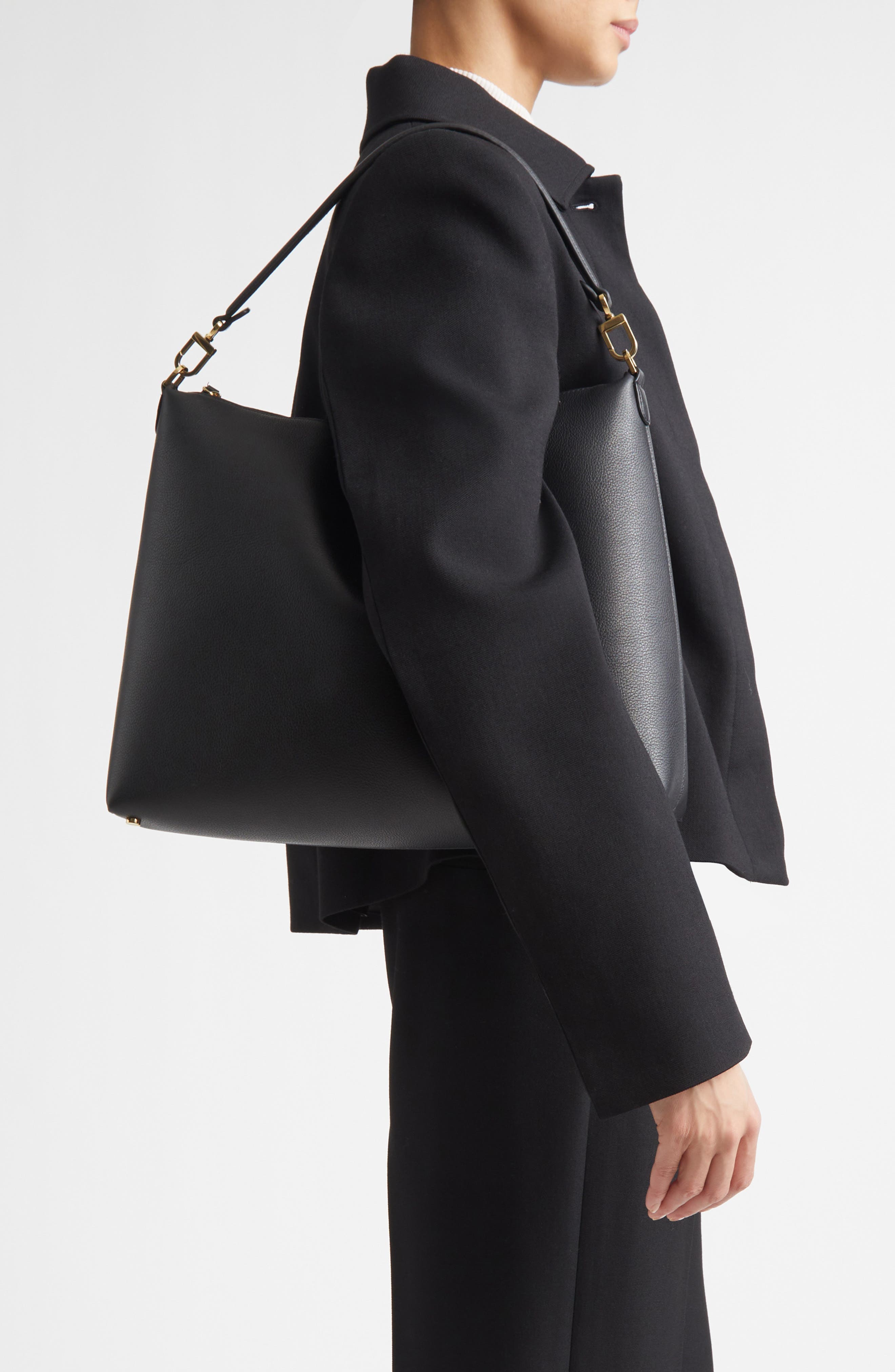 TOTEME Medium Bevel Leather Hobo Bag, Alternate, color, Black