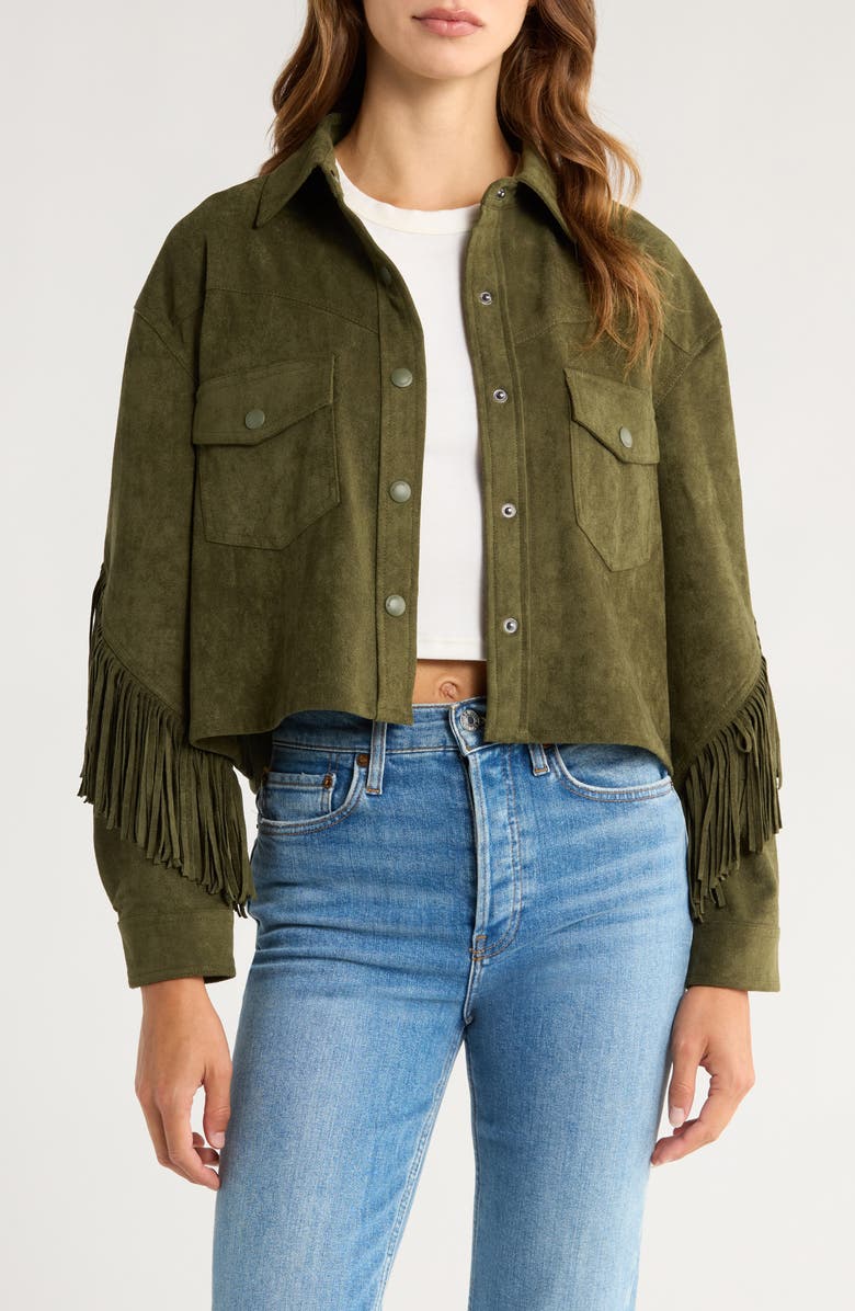 BLANKNYC Faux Suede Fringe Jacket, Main, color, Kale Chips