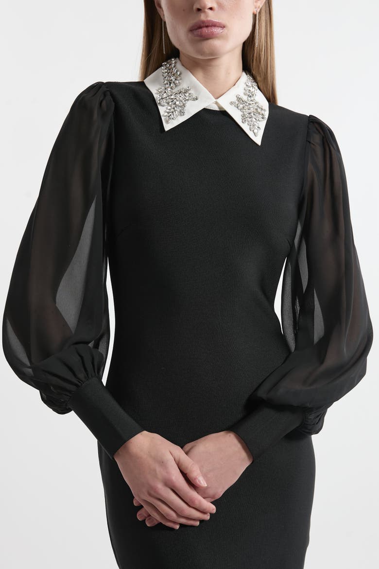 Embellished Collar Knit Midi Dress, Alternate, color, Black