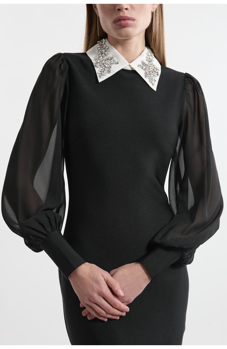 Karen Millen Knit Midi Dress With Sheer Sleeve, Alternate, color, Black