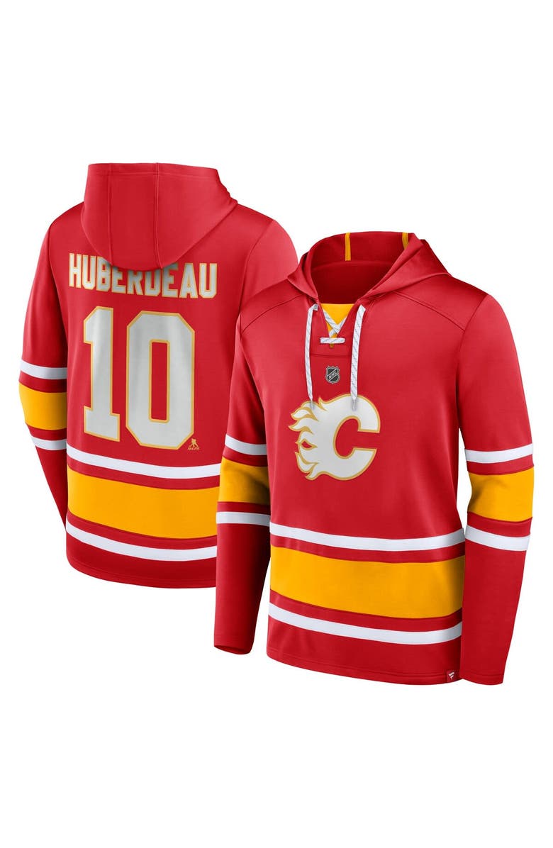 FANATICS Men's Fanatics Branded Jonathan Huberdeau Red Calgary Flames Name & Number Lace-Up Pullover Hoodie, Main, color, 