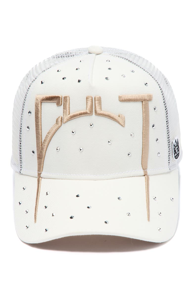 Arch Logo Crystal Embellished Trucker Hat, Alternate, color, WINTER WHITE