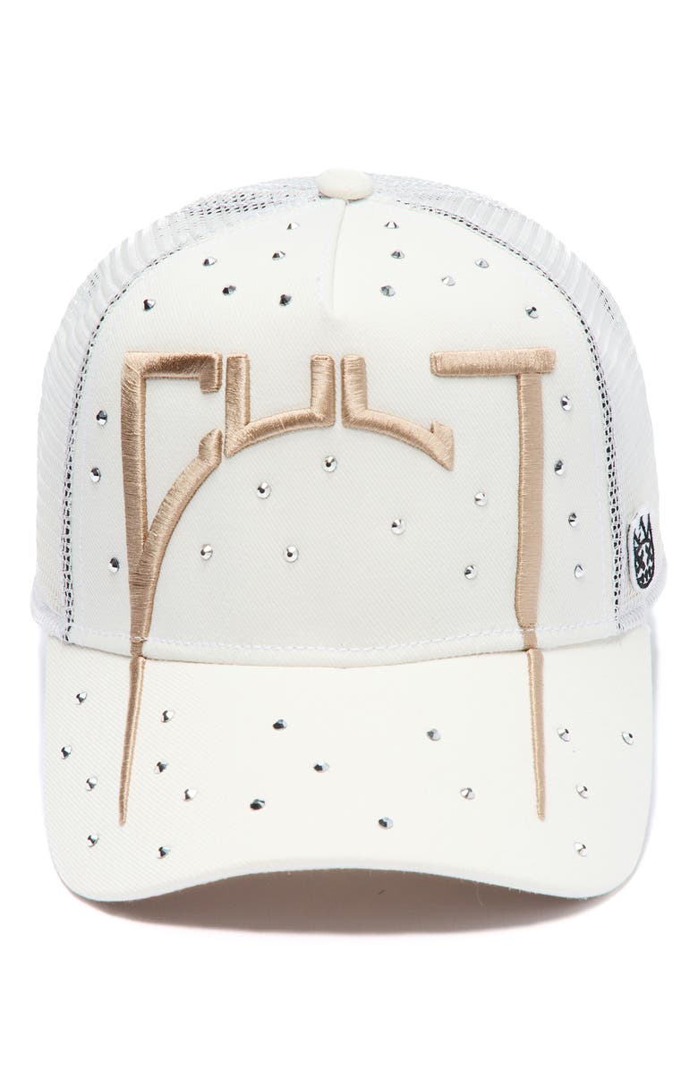 Cult of Individuality Arch Logo Crystal Embellished Trucker Hat, Alternate, color, 