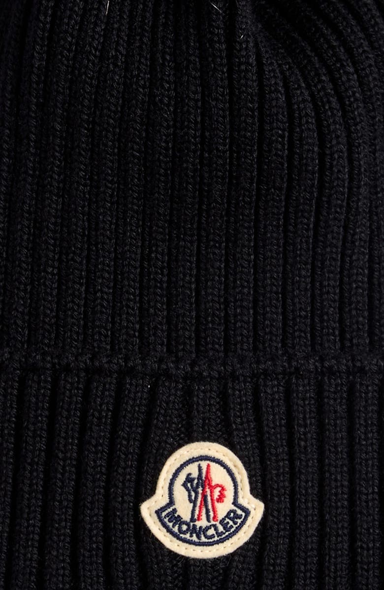 Moncler Kids' Merino Wool Rib Beanie with Faux Fur Pompom, Alternate, color, Black