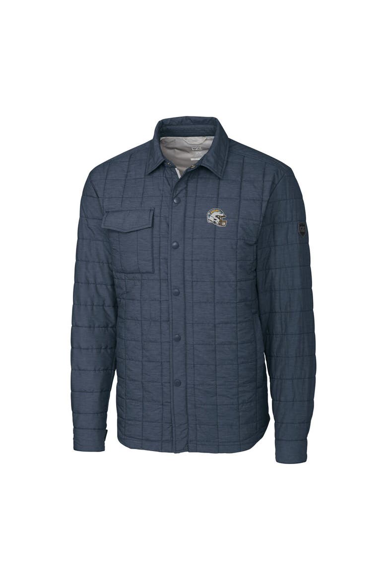 Men's Cutter & Buck  Heather Navy Los Angeles Chargers Helmet Rainier PrimaLoft Eco Insulated Quilted Button-Up Shacket, Alternate, color, Charcoal