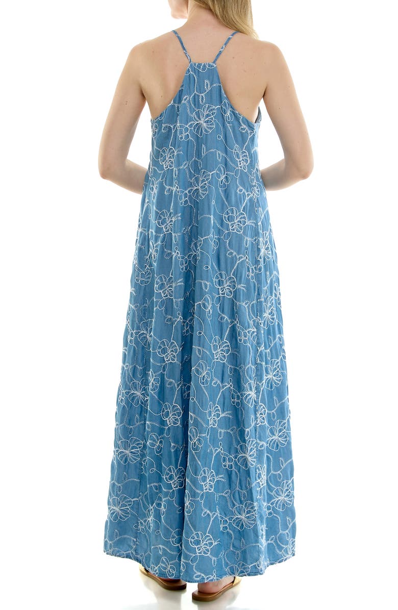 Nicole Miller Floral Embroidered Maxi Slipdress, Alternate, color, Medium Wash