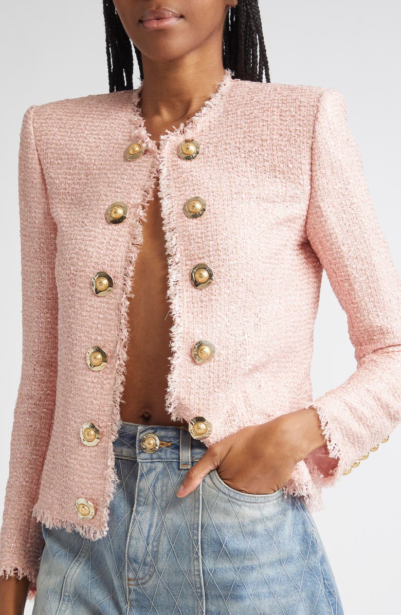 Balmain Glitter Embellished Silk Tweed Spencer Jacket, Alternate, color, 4Cu Pink