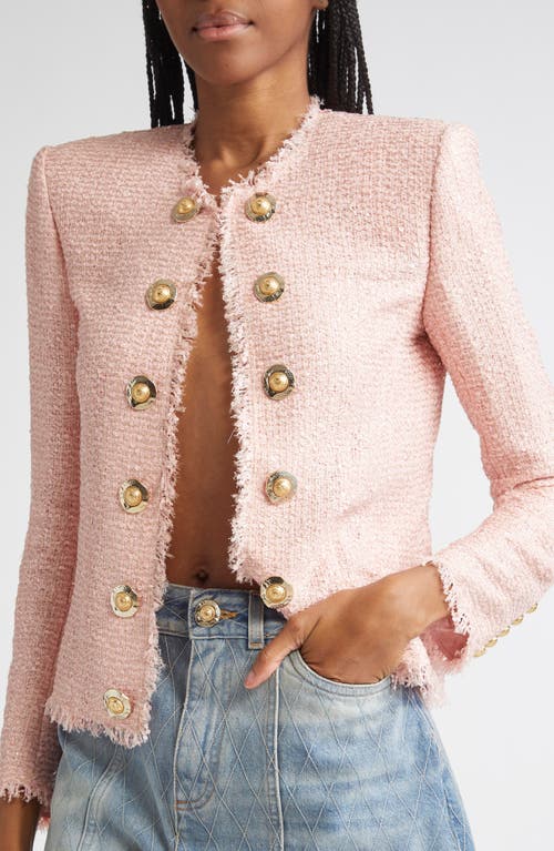 Balmain Glitter Embellished Silk Tweed Spencer Jacket In Pink