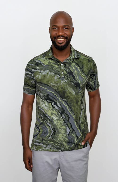 24sevenmen Wrinkle Resistant 3 Button Green Marble Polo Shirt In Multi