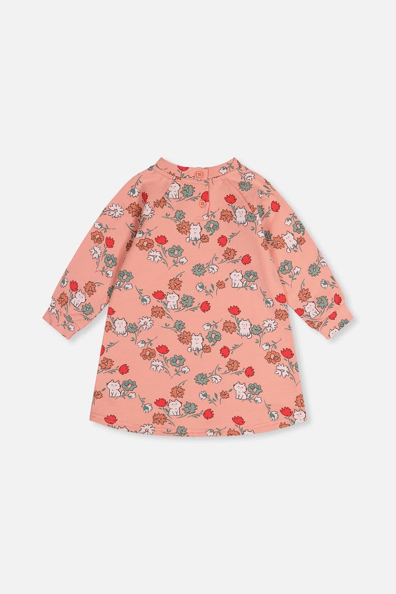 French Terry Cat Raglan Sleeve Curved Hem Dress, Alternate, color, Pink Cat Print