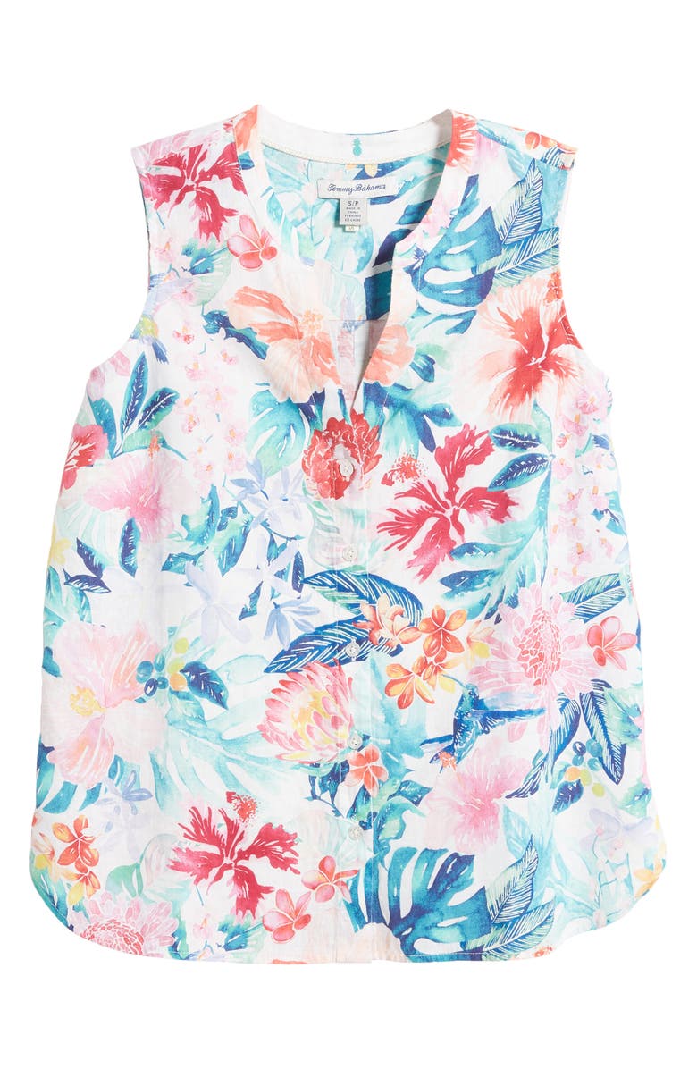 Tommy Bahama Perfectly Paradise Floral Sleeveless Linen Button-Up Shirt, Alternate, color, White