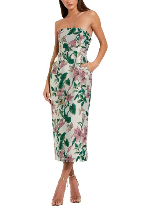 Petite Floral Brocade Strapless Fitted Midi Dress