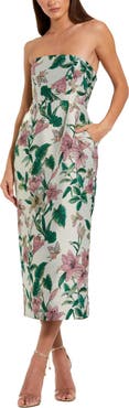 Mac Duggal Petite Floral Brocade Strapless Fitted Midi Dress