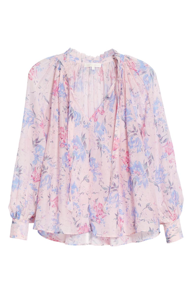 LoveShackFancy Willow Floral Print Tie Neck Top, Alternate, color, 