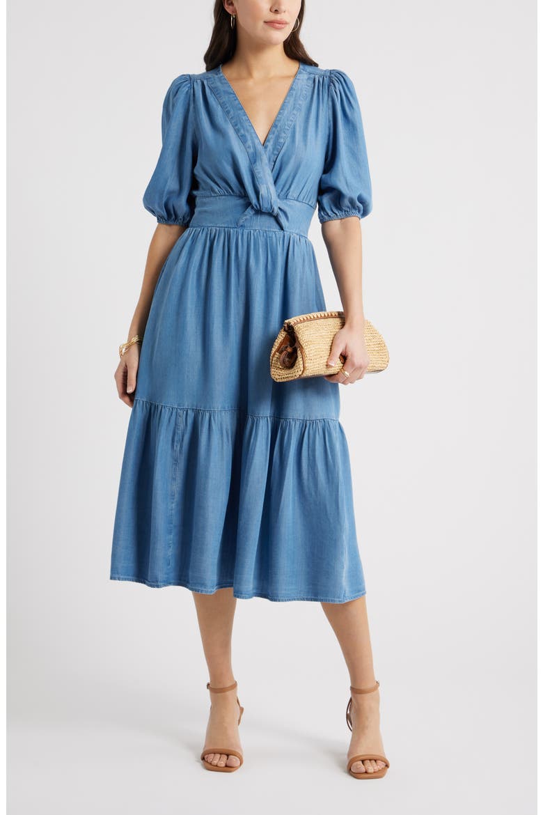 Twist Front Puff Sleeve Chambray Midi Dress, Alternate, color, MEDIUM WASH