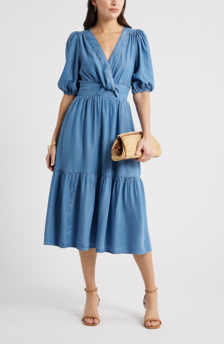 Caslon<sup>®</sup> Twist Front Puff Sleeve Chambray Midi Dress, Alternate, color, Medium Wash