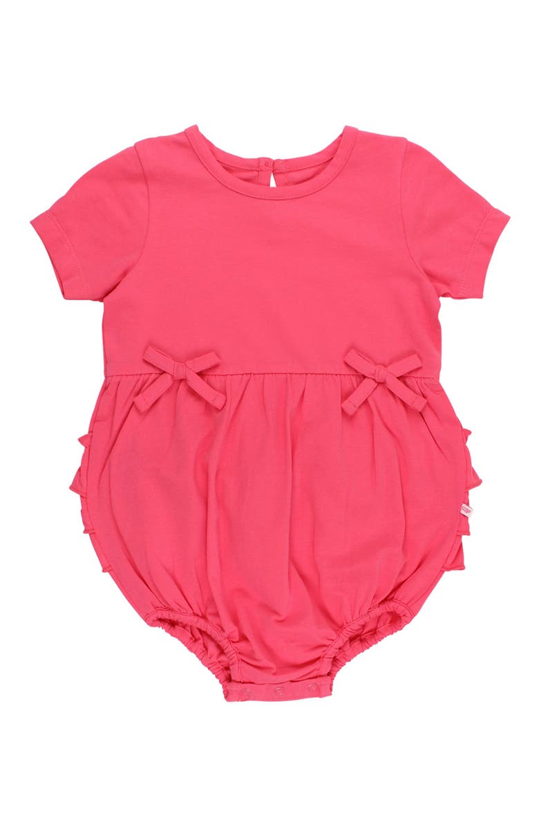 RuffleButts Knit Short Sleeve Bow Bubble Romper, Main, color, Hot Pink