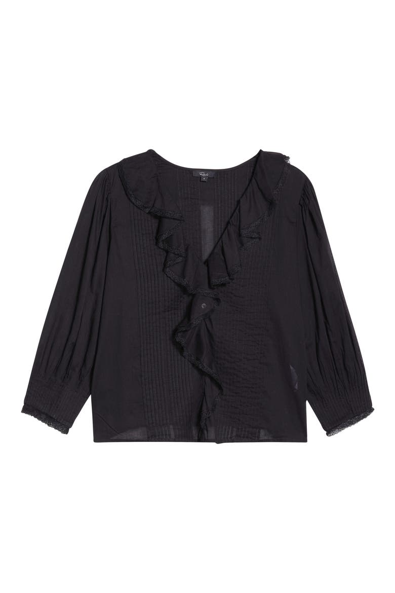 Mare Ruffle Cotton Button-Up Top, Alternate, color, BLACK