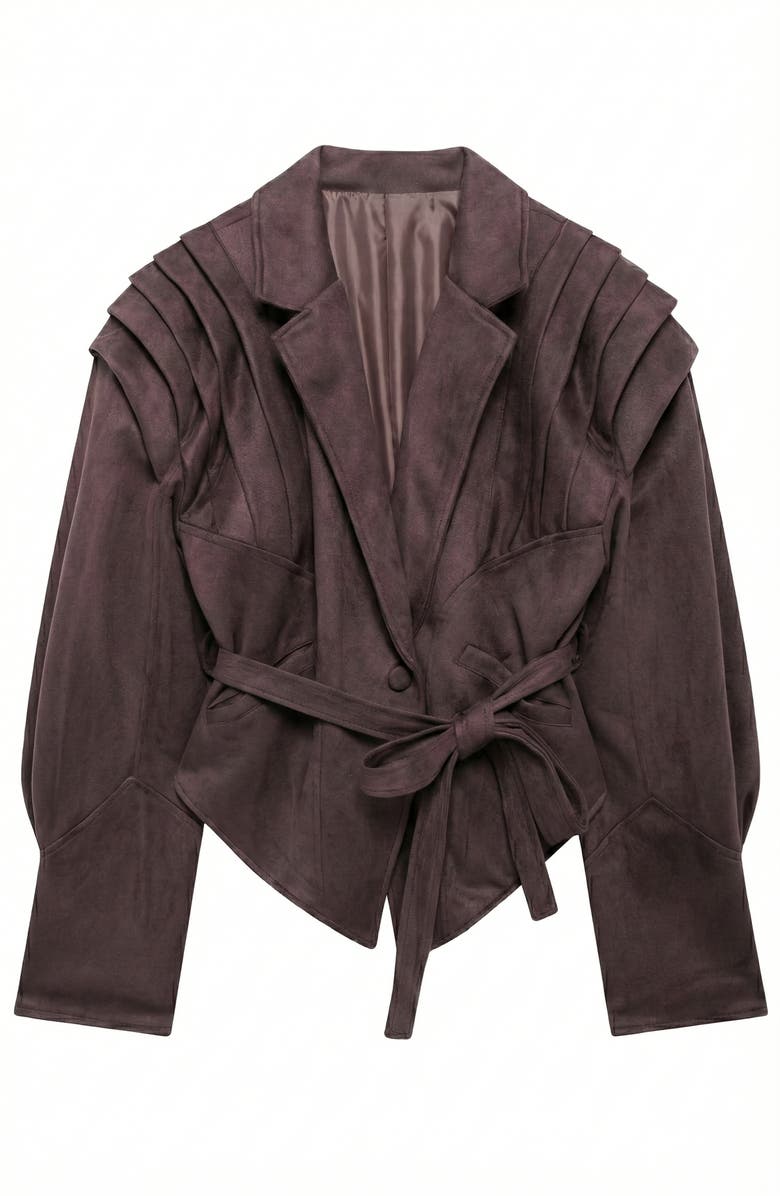 Modenaire Structured Belted Pleated Shoulder Jacket, Alternate, color, Brown