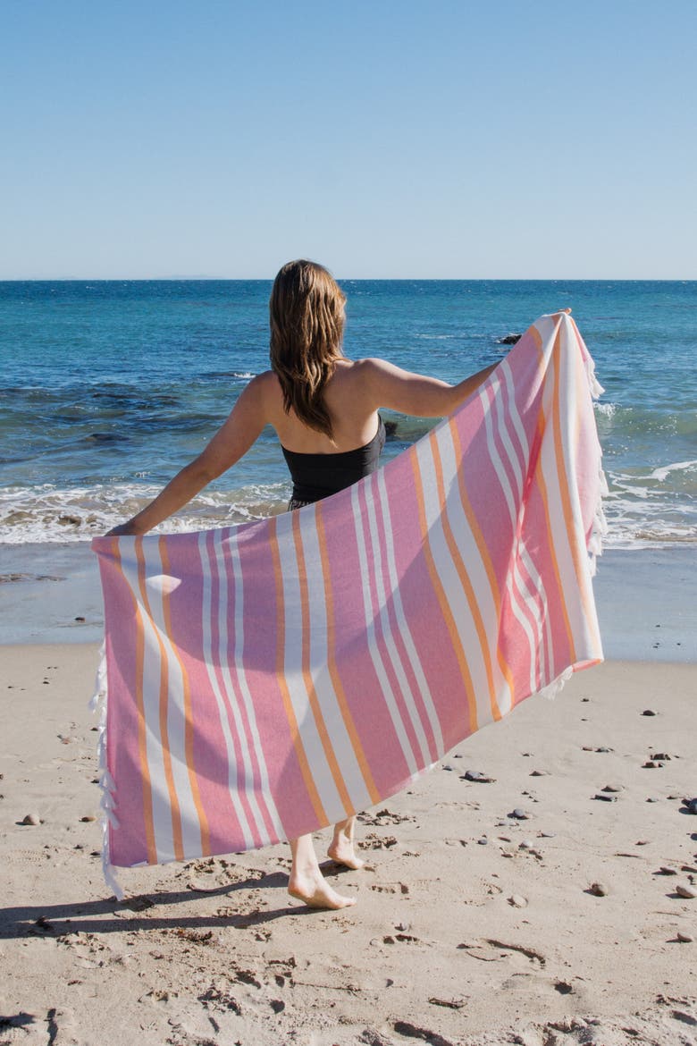 Cove Striped Organic Turkish Towel with Soft Terry Cloth Back, Alternate, color, Pink and Orange
