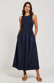 Modenaire Sleeveless Crewneck Midi Dress with Gathered Waist and Pockets