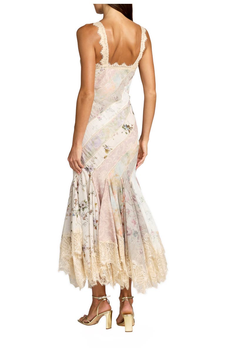 Mac Duggal Floral Chiffon Midi Dress with Lace Trim, Alternate, color, Pastel Multi