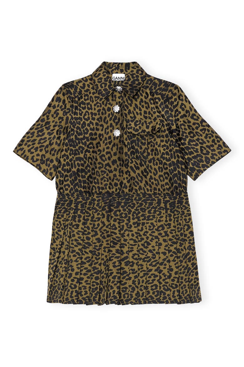 Pleated Leopard Jacquard Minidress, Alternate, color, OLIVE DRAB