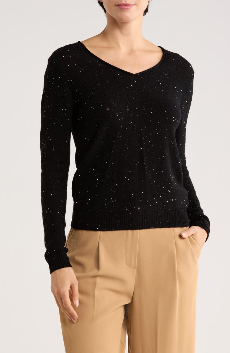 Sofia Cashmere Sequin V-Neck Wool Cashmere Blend Sweater, Main, color, Black