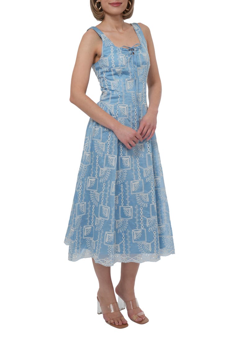 Embroidered Tie Front Midi Dress, Alternate, color, BLUE/ CREAM