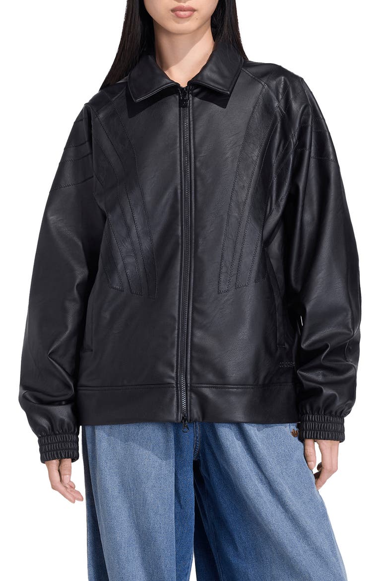 Three-Stripe Faux Leather Jacket, Main, color, BLACK