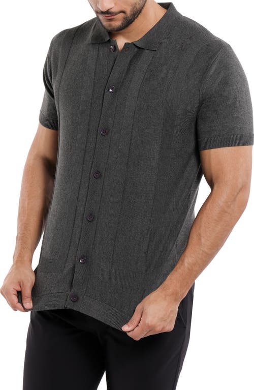 Spring + Mercer Textured Short Sleeve Button-up Sweater In Heather Charcoal