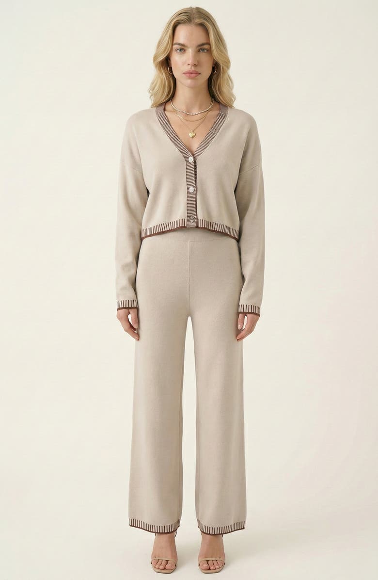 Modenaire Contrast Trim Knit Cardigan Set, Main, color, Beige / Brown Trim