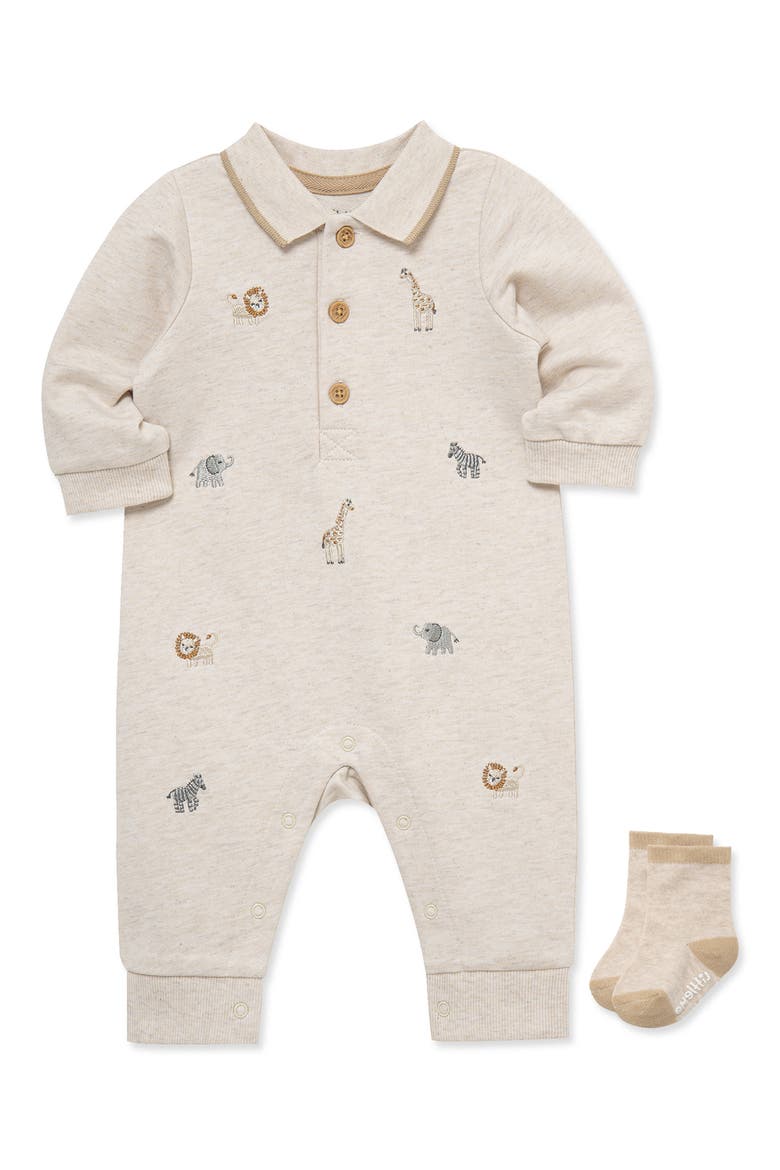 Safari Polo Romper & Socks Set, Alternate, color, OATMEAL