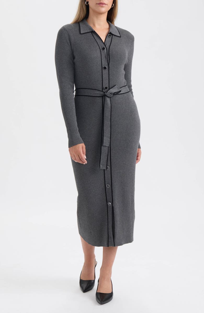 Ellen Tracy Tipped Long Sleeve Shirtdress, Main, color, Medium Grey Mix
