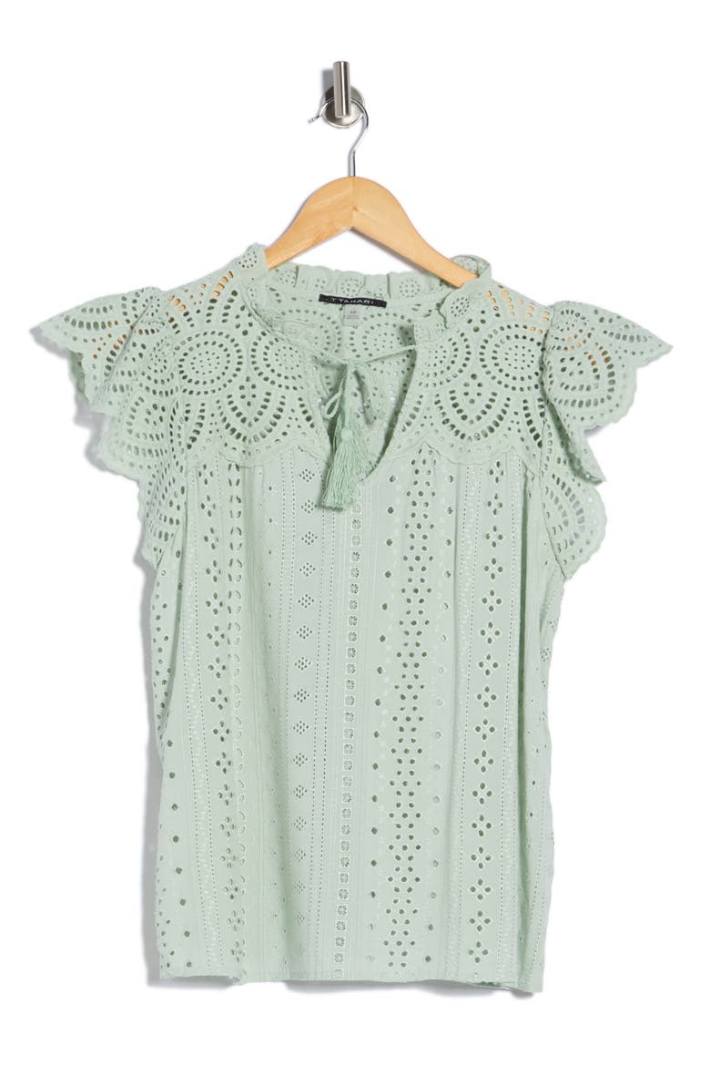 Embroidered Eyelet Cap Sleeve Top, Alternate, color, GREEN