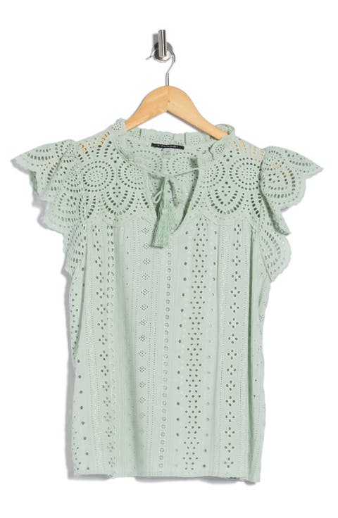 Embroidered Eyelet Cap Sleeve Top