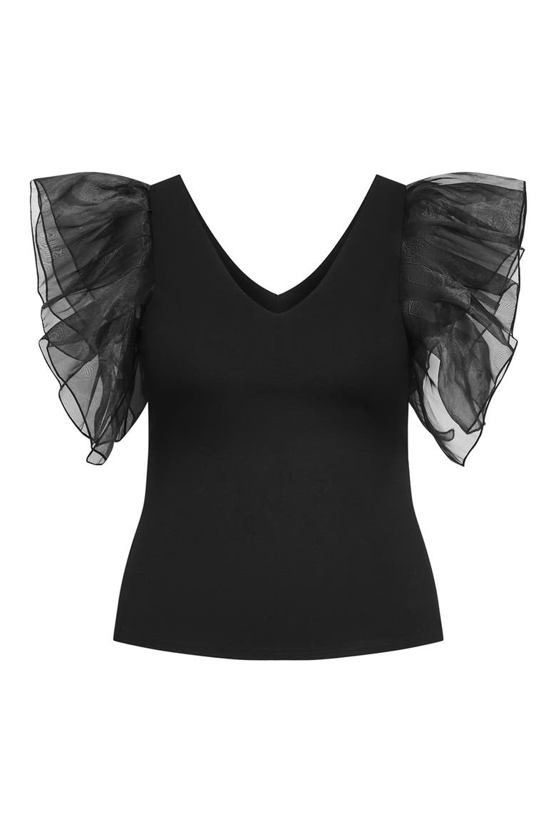 Sierra Mixed Media Flutter Sleeve Top, Alternate, color, BLACK