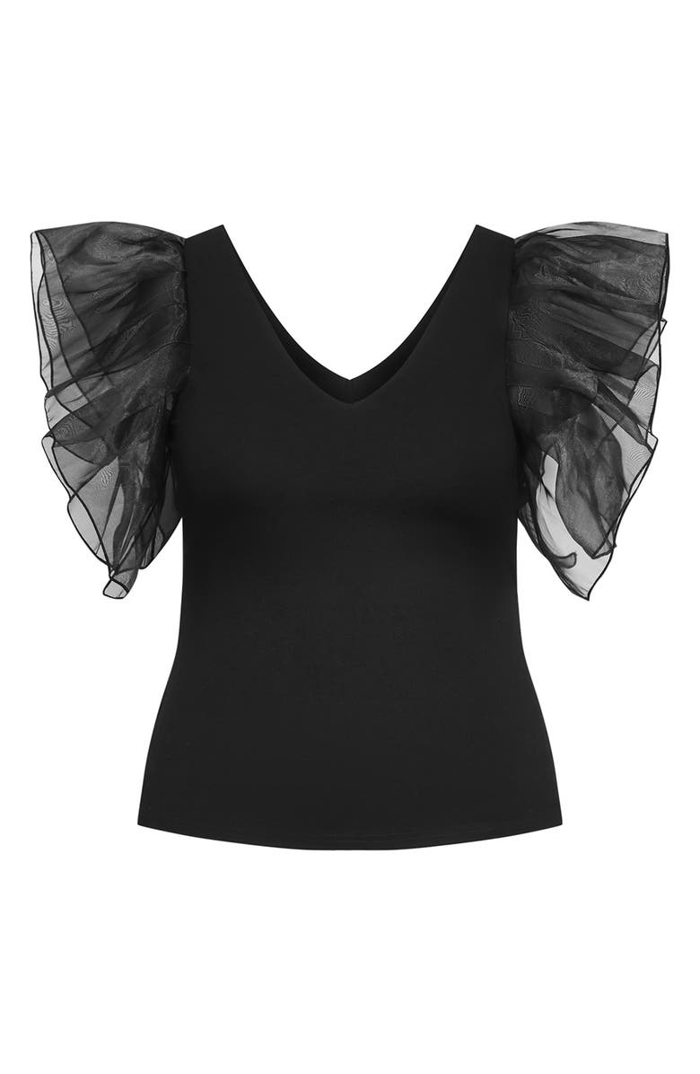 City Chic Sierra Mixed Media Flutter Sleeve Top, Alternate, color, Black