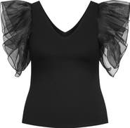 City Chic Sierra Mixed Media Flutter Sleeve Top
