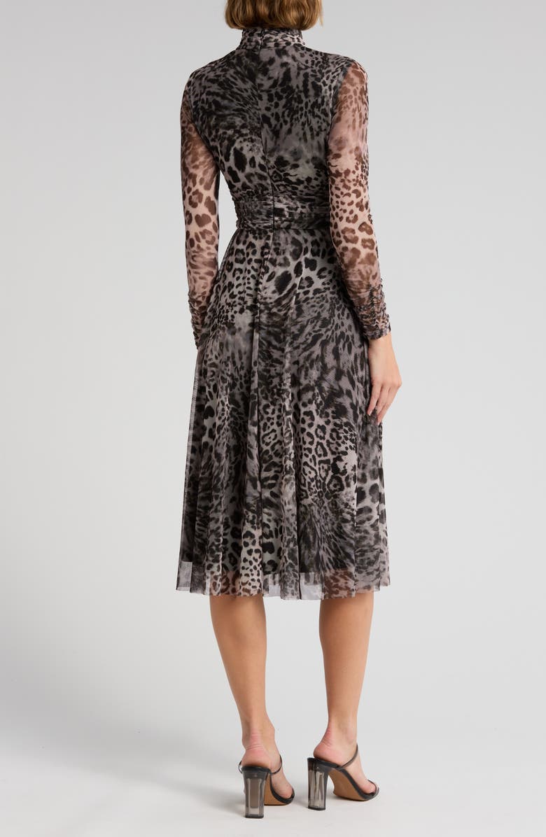 Eliza J Leopard Print Long Sleeve Mesh Midi Dress, Alternate, color,