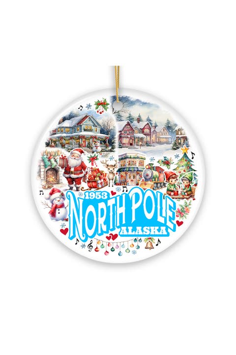 North Pole Alaska Santa And Elf Village Round Ornament