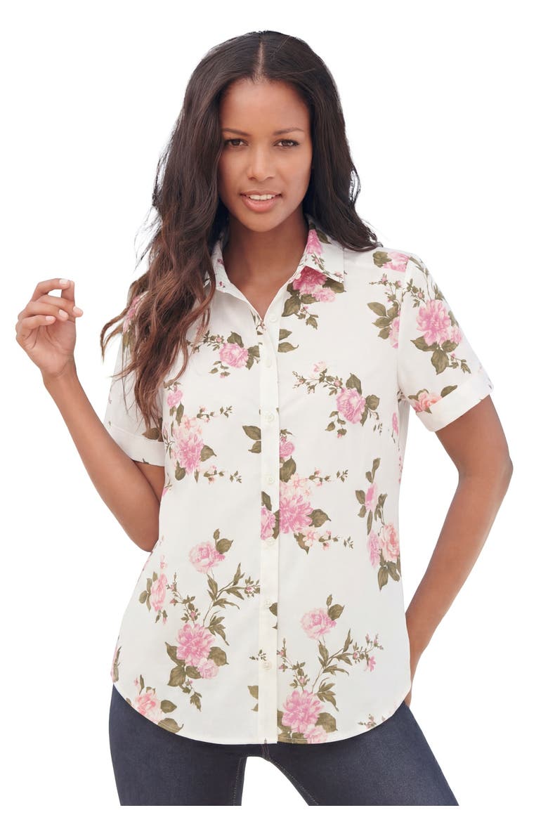 Plus Size Kate Short Sleeve Easy Cotton Blend Button Front Shirt, Main, color, WHITE MIXED FLOWERS