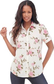 Roaman's Plus Size Kate Short Sleeve Easy Cotton Blend Button Front Shirt