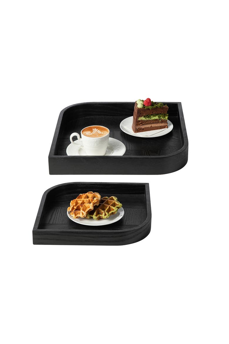 Set of 2 Leaf Shape Ash Wood Decorative Trays, Alternate, color, Black