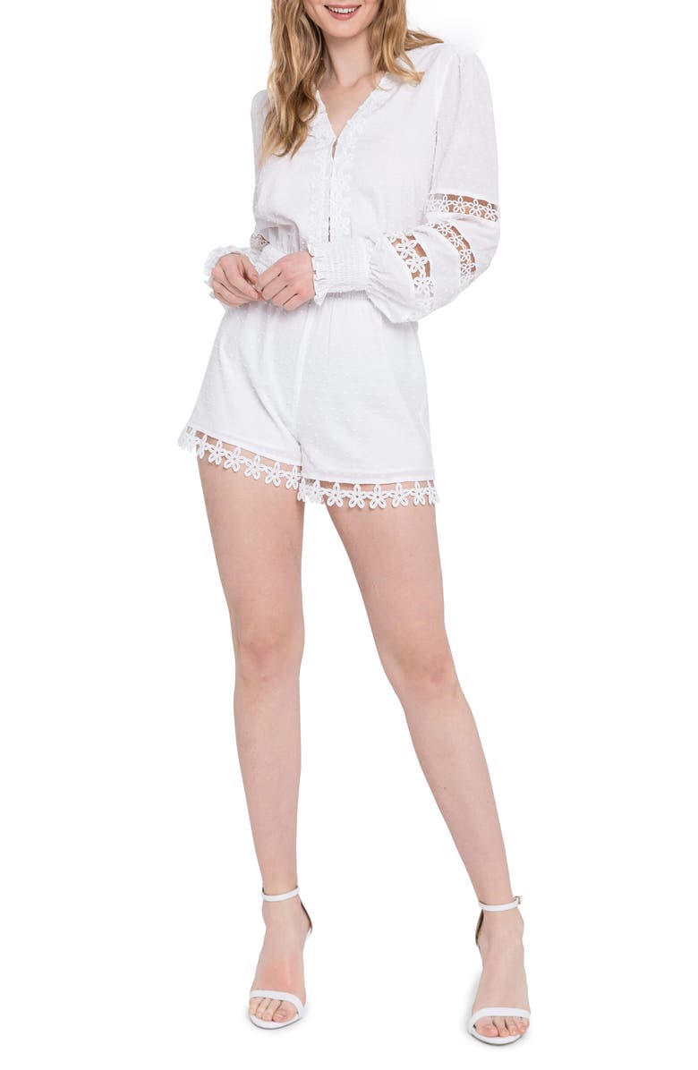 Free the Roses Lace Trim Long Sleeve Cotton Romper, Main, color, 