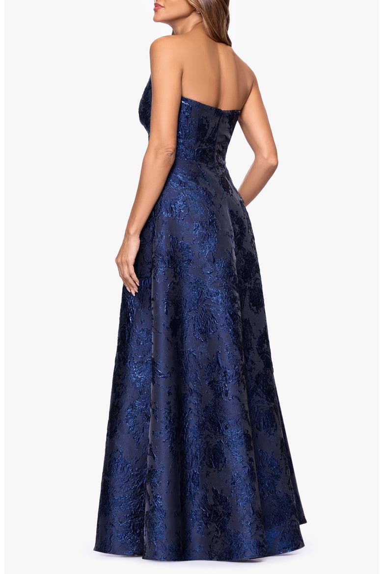 Metallic Brocade Asymmetric Strapless Gown, Alternate, color, NAVY