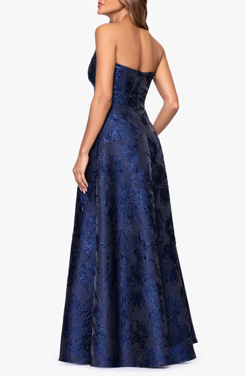 Xscape Evenings Metallic Brocade Asymmetric Strapless Gown, Alternate, color, Navy