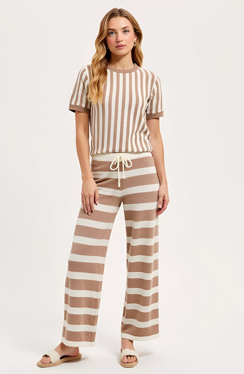 Striped Short Sleeve Knit Top and Wide Leg Pants Lounge Set with Drawstring