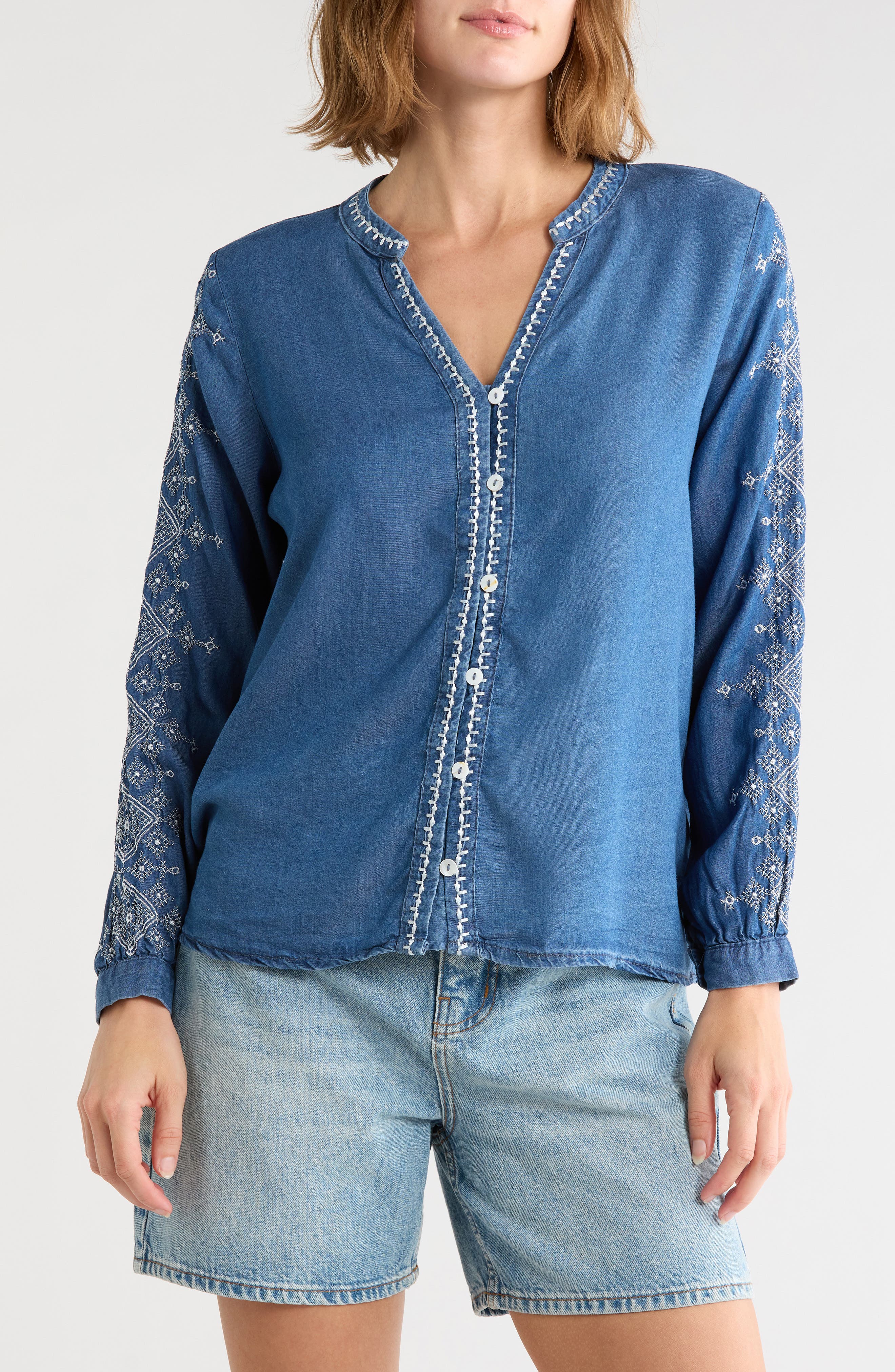 Embroidered Split Neck Tencel Lyocell Top
