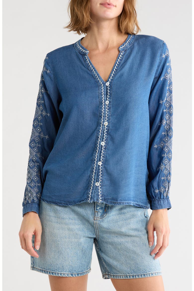 Embroidered Split Neck Tencel Lyocell Top, Main, color, DENIM